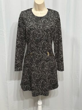 Michael Kors Women Black & Ivory Geometric Long Sleeve Fit & Flare Short Dress 6